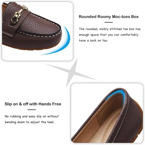 Kordal Women's Coffee Leather Gold Accent Buckle Slip-Ons Walking Flats Loafers - Picture 5 of 9